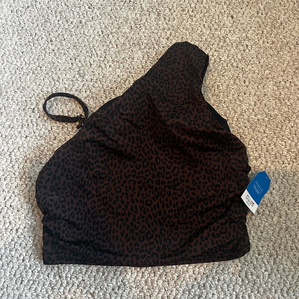 Lands' End Black Leopard One Shoulder Crop Top - Picture 2 of 3